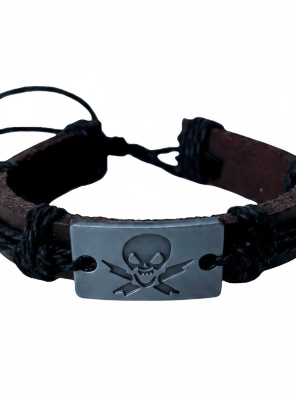 Mens Black Brown Leather Cord Bracelet with Skull and Crossbones Design